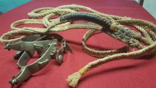 Antique Bull Riding Spurs Includes Leathers.  And Vintage Bull Riding Rope.