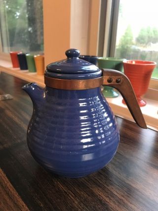 Vintage Bauer Pottery Ring Ware Royal Blue 6 Cup Teapot Snub Nose Wooden Handle