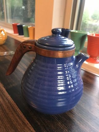Vintage Bauer Pottery Ring Ware Royal Blue 6 Cup Teapot Snub Nose Wooden Handle 3