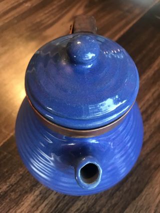 Vintage Bauer Pottery Ring Ware Royal Blue 6 Cup Teapot Snub Nose Wooden Handle 4