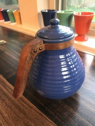 Vintage Bauer Pottery Ring Ware Royal Blue 6 Cup Teapot Snub Nose Wooden Handle 5