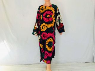 Vintage Uzbek Suzani Silk Embroidered Dress.  Satin