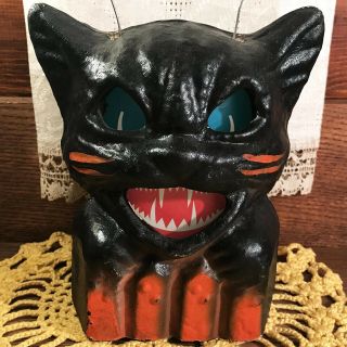Vintage Halloween Paper Mache Pulp Black Cat - On - Fence Lantern Decoration 30s - 50s