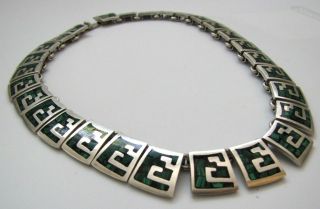 Vintage Sterling Silver Malachite Inlay Taxco Necklace Pendant Segments 108g 16 "