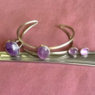 Vintage Sterling Silver And Amethyst Set.  Bracelet,  Ring,  And Earrings.
