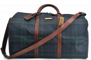 Authentic Polo Ralph Lauren Vintage Green Check Leather Travel Boston Bag 75571