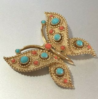 Crown Trifari Alfred Philippe Faux Coral Turquoise Butterfly Brooch Pin Rare