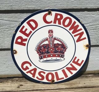 Vintage Red Crown Gasoline Porcelain Metal Sign Gas Oil Pump Plate Scarce 11 3/4