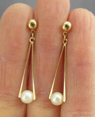 Vintage 14k Yellow Gold White Pearl Long Floating Naja Dangle Pierced Earrings