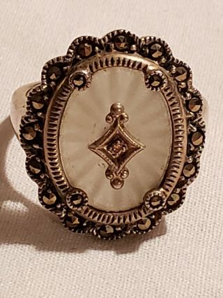 Antique Art Deco Camphor Glass & Marcasite Sterling Silver Ring/size 9/hallmark