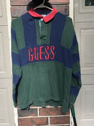 Vtg 90s Guess Jeans Usa Long Sleeve Collared Polo Rugby Shirt Mens Size Medium