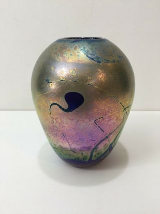 Vintage Cobalt Blue Rainbow Art Glass Vase,  5 1/2 " Tall X 4 " Widest