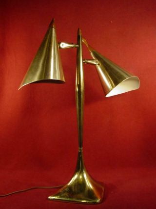 Vintage Mid Century Modern Brass & Teak Wood Table Desk Lamp