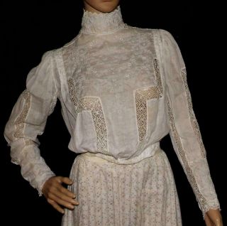 Vtg Antique Victorian White High Neck Lace Embroidery Dress Bodice Blouse B 36