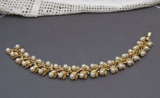 Vintage Crown Trifari Faux Pearl Rhinestone Leaf Necklace earrings Bracelet Set 5