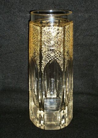 Rare 19th C BACCARAT Crystal Gold Rocailles Vase w/ Gothic Cathedral Windows 12