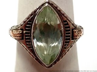 Signed Vintage Nouveau Deco 14k White Rose Gold Syn Green Spinel Filigree Ring