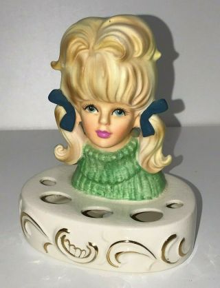 Vintage 1960 ' s Enesco Japan Lady Head Vase Mirror & Lipstick Holder Stand 8