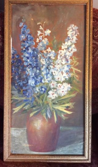 Vintage Oil Painting On Board Still Life Of Delphiniums