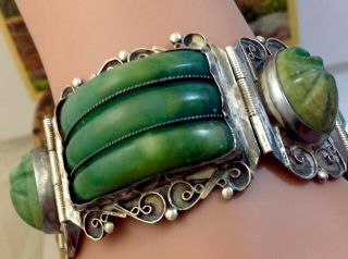 Vintage Sterling Silver Mexico Mayan Carved Jade Gemstone Bracelet 81.  2g.  (e43)