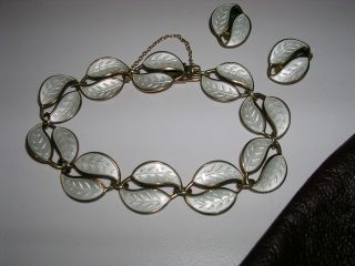 Bracelet & Earrings David Andersen Pearly Enamel Double Leaf Sterling DA Norway 2