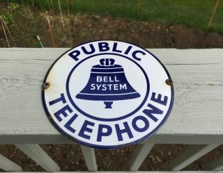 Vintage Porcelain Enamel Public Telephone Bell System Metal Sign