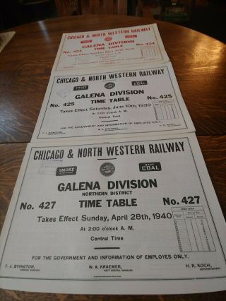 Three Vintage Chicago & North Western Railway Galena Division Time Tables