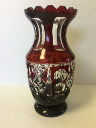 Antique Cranberry Red Crystal Vase Cut To Clear 8 3/4 " Large
