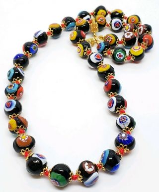 Stunning Vintage Hand Knotted Murano Miliforie Art Glass Beaded Strand Necklace