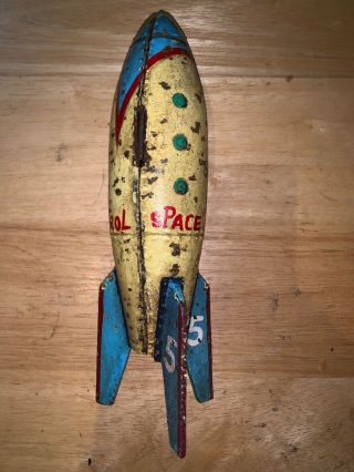 Vintage Painted Rocket Cast Iron Bank Space Patrol
