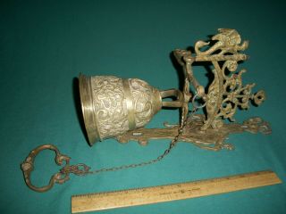 Antique / Vintage Ornate Large (14”) Brass Wall / Door Bell With Pull Chain