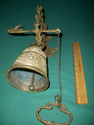 Antique / Vintage Ornate Large (14”) Brass Wall / Door Bell with Pull Chain 2