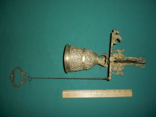Antique / Vintage Ornate Large (14”) Brass Wall / Door Bell with Pull Chain 4