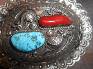 Vintage Sterling Silver Navajo ? Turquoise & Coral Belt Buckle Signed 2