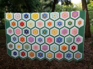 Vintage Grandmothers Flower Garden Quilt - Hand Quilted - 77 " X 92 "