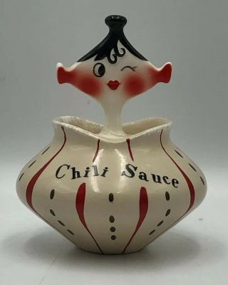 Vintage Holt Howard Pixieware Chili Sauce Jar And Spoofy Spoon