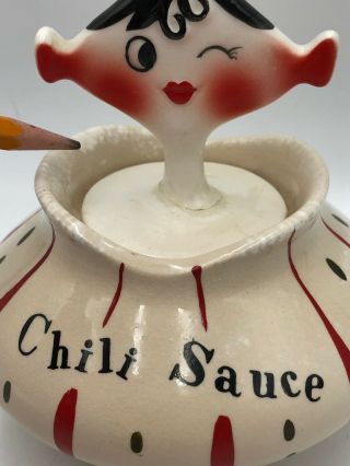 Vintage Holt Howard Pixieware CHILI SAUCE Jar And Spoofy Spoon 4