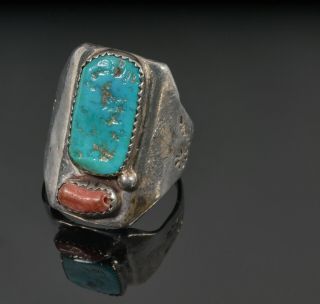 Vintage Navajo Sterling Silver Turquoise & Coral Ring Size 10 0521 - 4 Ey