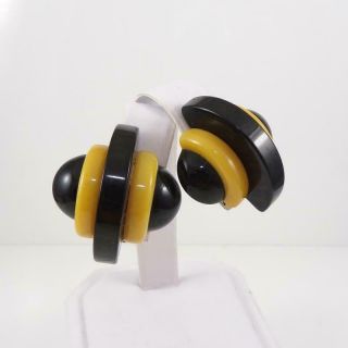 Vintage Bakelite Black Yellow Abstract Modernist Clip On Earrings Qyf9