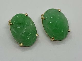 Vintage Chinese 14k Carved Jade Earrings