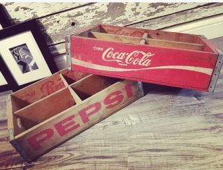 2 Vintage 1975 Pepsi & Coke Coca Cola Wood Soda Pop Crate 4 Divider