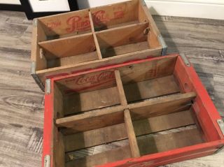 2 Vintage 1975 Pepsi & Coke Coca Cola Wood Soda Pop Crate 4 Divider 2