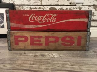 2 Vintage 1975 Pepsi & Coke Coca Cola Wood Soda Pop Crate 4 Divider 3