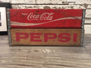 2 Vintage 1975 Pepsi & Coke Coca Cola Wood Soda Pop Crate 4 Divider 4