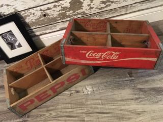 2 Vintage 1975 Pepsi & Coke Coca Cola Wood Soda Pop Crate 4 Divider 5