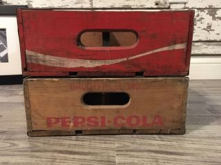 2 Vintage 1975 Pepsi & Coke Coca Cola Wood Soda Pop Crate 4 Divider 8