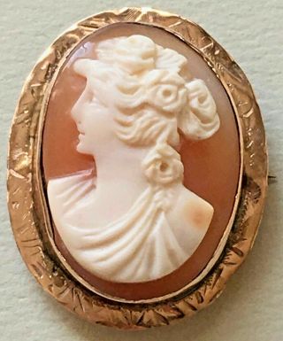 Vintage Antique 10k Signed Yellow Gold Hand - Carved Lady Cameo Brooch Pin/penant