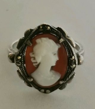 Vintage Silver Marcasite Shell Cameo Ring Size J 1/2