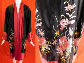 Vintage Art Deco Red & Black Silk Floral Pastel Embroidered Flapper Kimono Robe