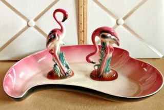 Vintage Mid Century Modern California Pottery Pink Flamingo Console Bowl